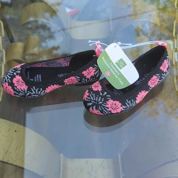 Kids Girls Ballet Shoes Flats Sz 7/8 Lily And Dan Black Pink Floral - Picture 2 of 5